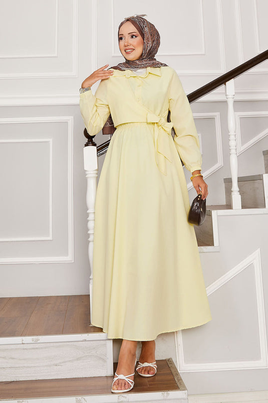 Yandan Bağlamalı Yarım Düğme Detaylı Elbise Sarı