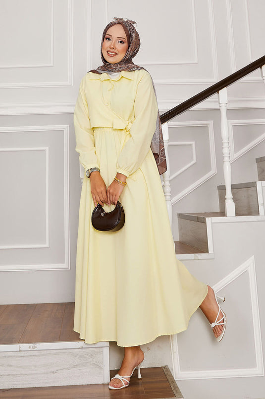 Yandan Bağlamalı Yarım Düğme Detaylı Elbise Sarı