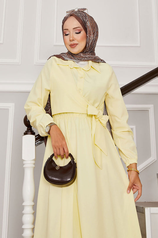Yandan Bağlamalı Yarım Düğme Detaylı Elbise Sarı