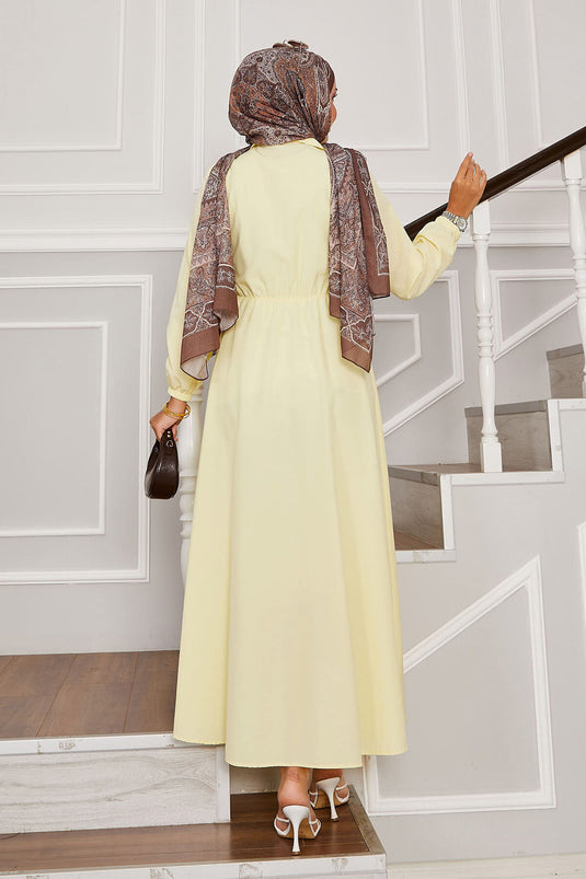 Yandan Bağlamalı Yarım Düğme Detaylı Elbise Sarı
