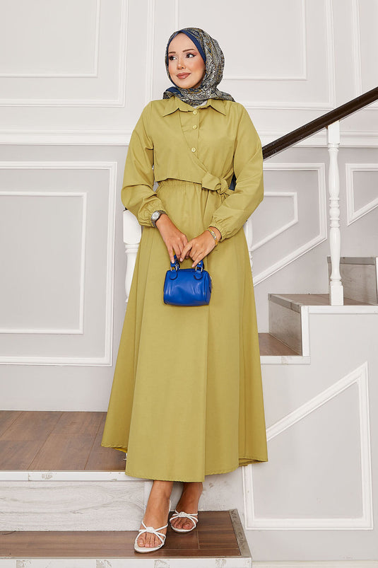 Side Tie Half Button Detail Dress Oil Green