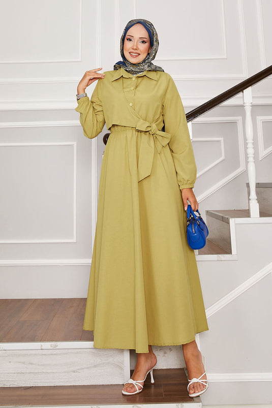 Side Tie Half Button Detail Dress Oil Green
