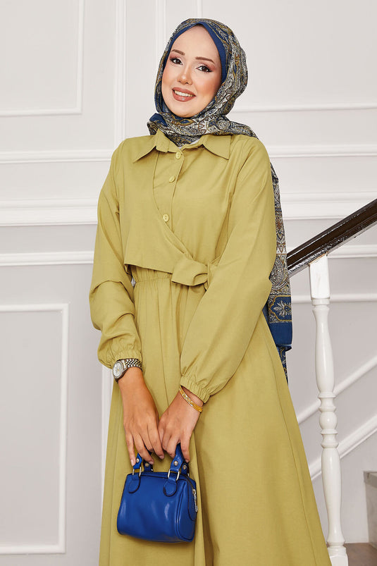 Side Tie Half Button Detail Dress Oil Green