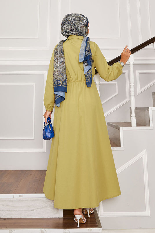 Side Tie Half Button Detail Dress Oil Green