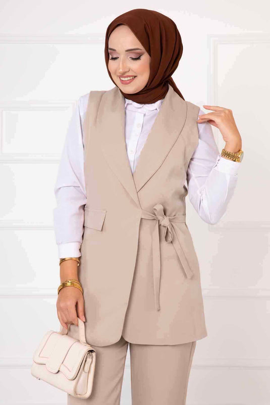 Ensemble gilet à nouer sur le côté Beige