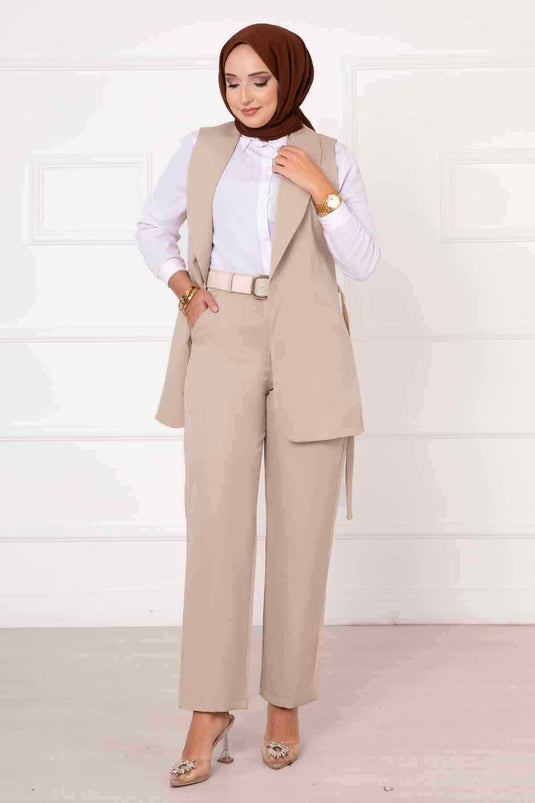 Ensemble gilet à nouer sur le côté Beige