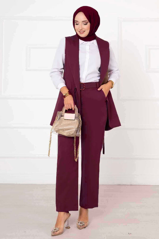 Ensemble gilet bordeaux à nouer sur le côté