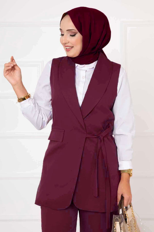 Ensemble gilet bordeaux à nouer sur le côté