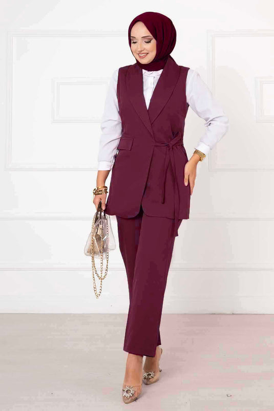 Ensemble gilet bordeaux à nouer sur le côté