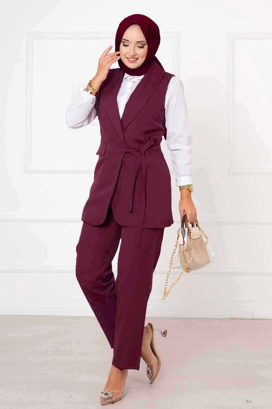 Side-Tied Vest Set Burgundy