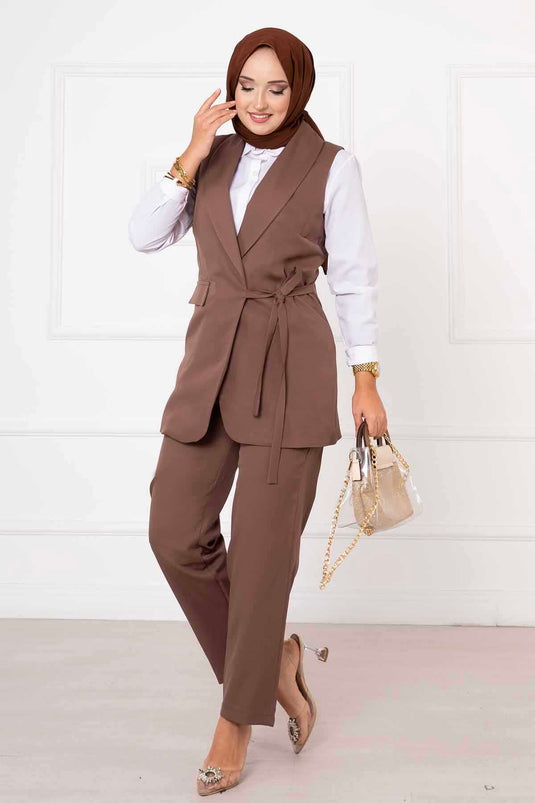 Side Tie Vest Set Brown