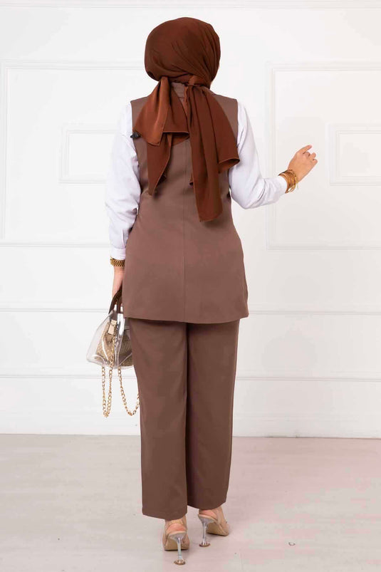 Side Tie Vest Set Brown