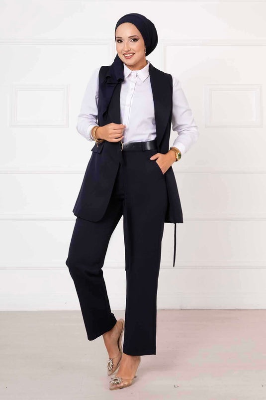 Ensemble gilet à nouer sur le côté bleu marine