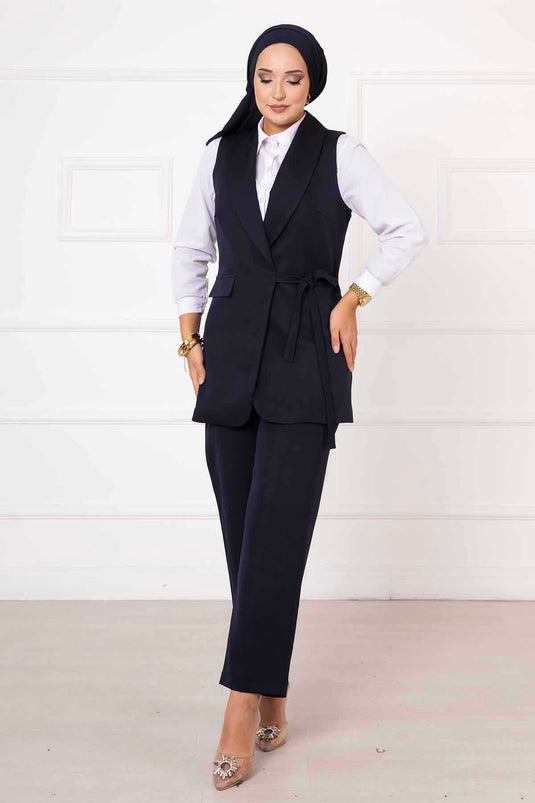 Ensemble gilet à nouer sur le côté bleu marine