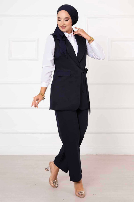 Ensemble gilet à nouer sur le côté bleu marine