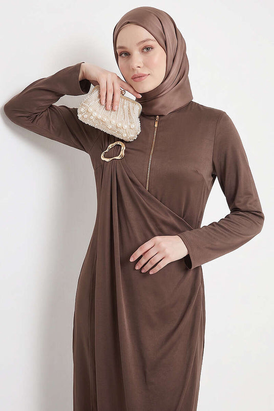 Side-Slit Ruched Dress Brown