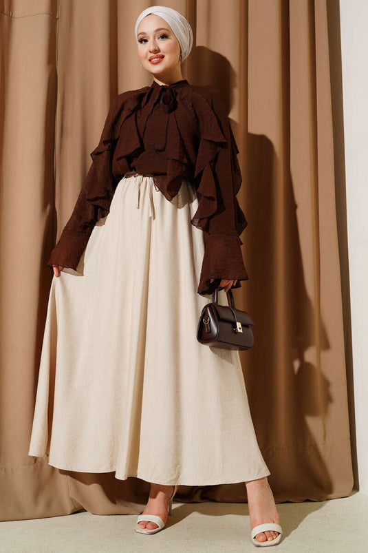 تنورة واسعة بتفاصيل جيب جانبي بلون بيج