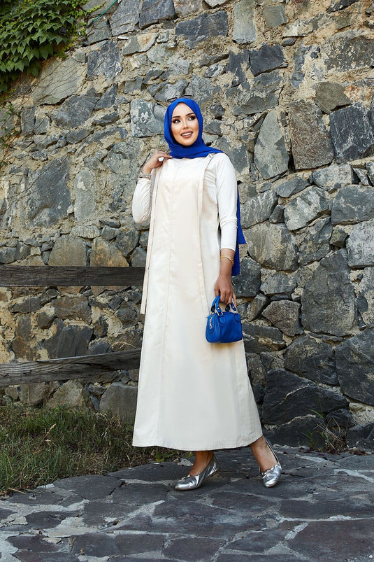 فستان حجاب منقوش بتفاصيل جيوب جانبية، كريمي