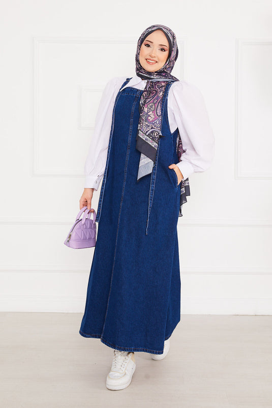 Side-Pocketed Modest Denim Overalls Dress Dark Blue
