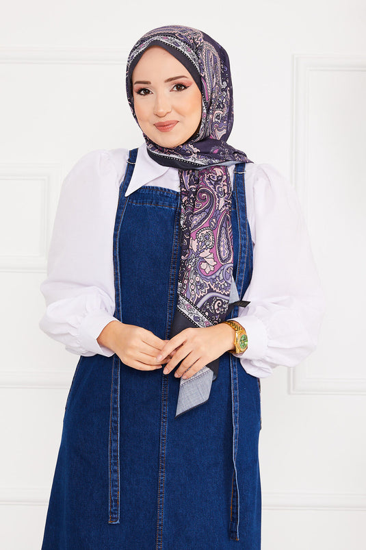 Side-Pocketed Modest Denim Overalls Dress Dark Blue