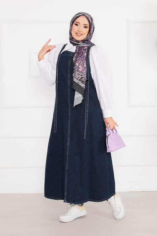 Robe salopette en jean avec hijab et poches latérales, bleu marine