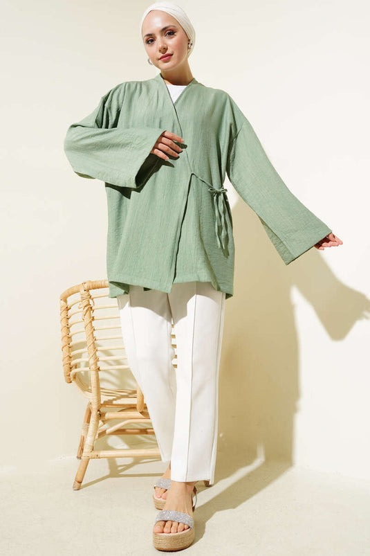 Side Double Rope Tied Kimono Almond Green