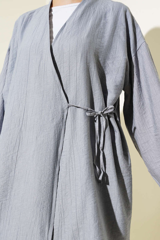 Yandan Çift İp Bağlamalı Kimono Gri