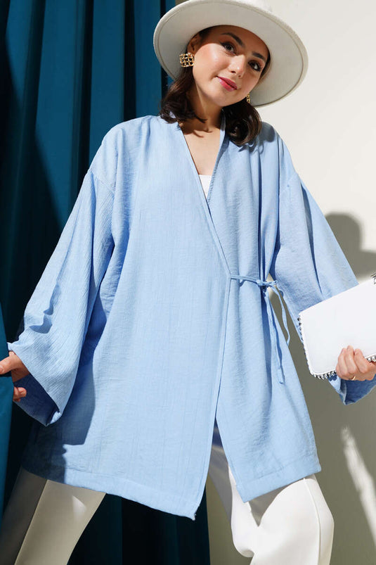 Side Double Rope Tied Kimono Blue