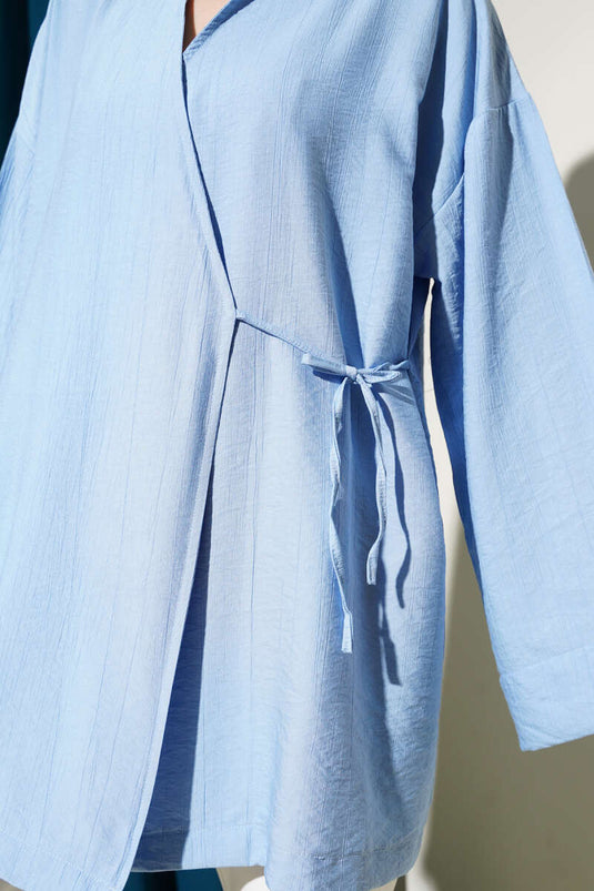 Side Double Rope Tied Kimono Blue