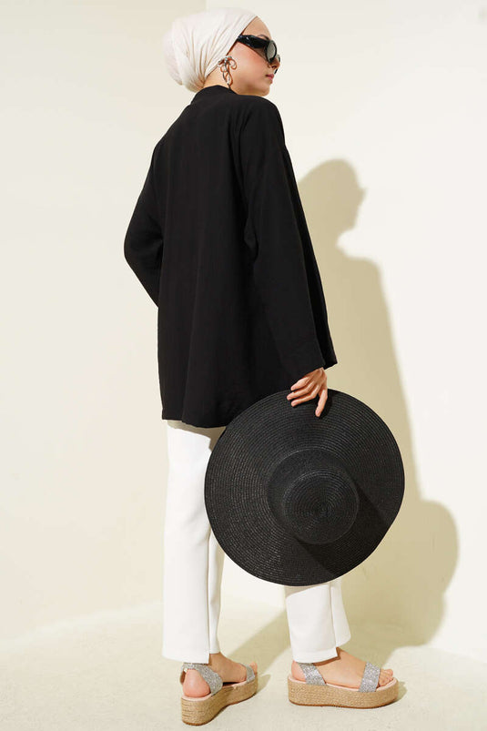 Side Double Rope Tied Kimono Black