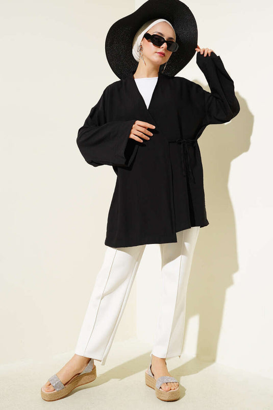 Side Double Rope Tied Kimono Black