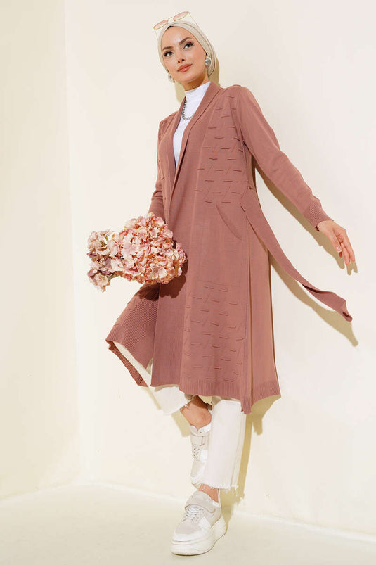 Yandan Dikişli Bağcıklı Hırka Gül Kurusu