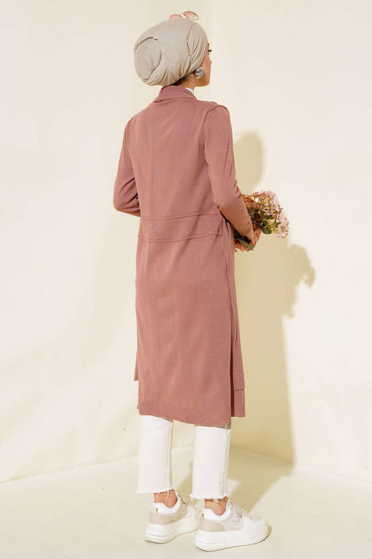 Yandan Dikişli Bağcıklı Hırka Gül Kurusu