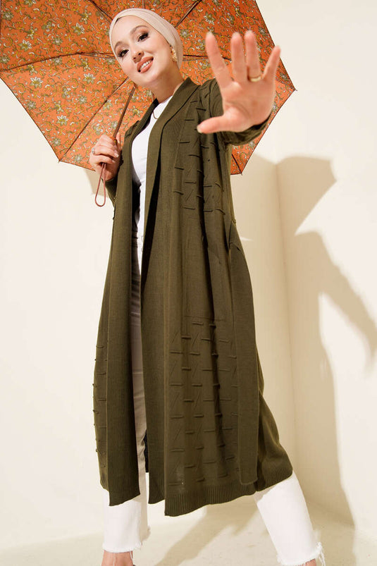 Seitlich genähte Strickjacke mit Kordelzug, Khaki.