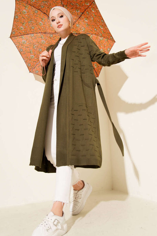 Seitlich genähte Strickjacke mit Kordelzug, Khaki.