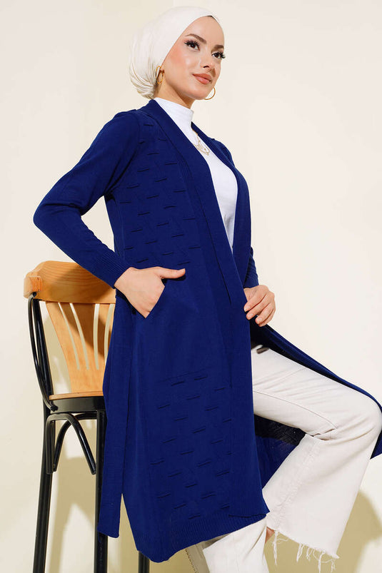 Navy Tie-Detail Cardigan With Side Seams