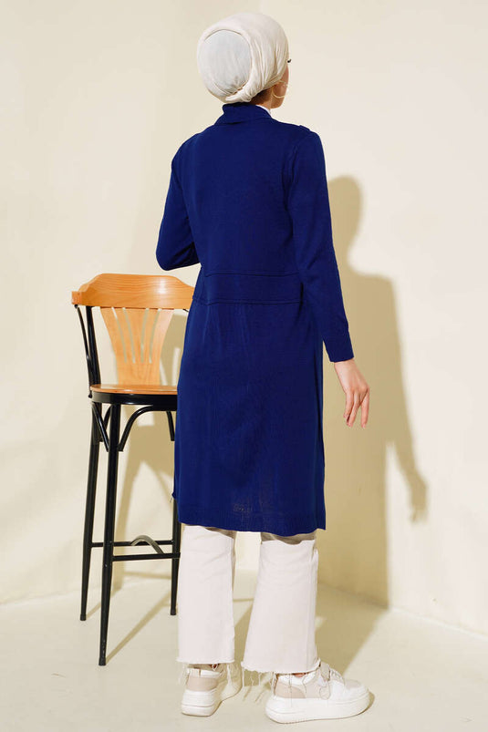 Navy Tie-Detail Cardigan With Side Seams