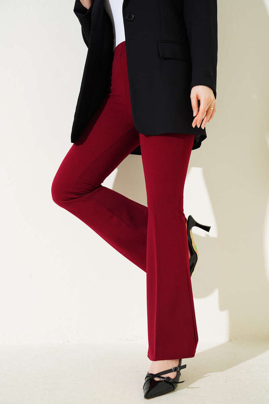 Yandan Fermuarlı İspanyol Paça Bordo Pantolon