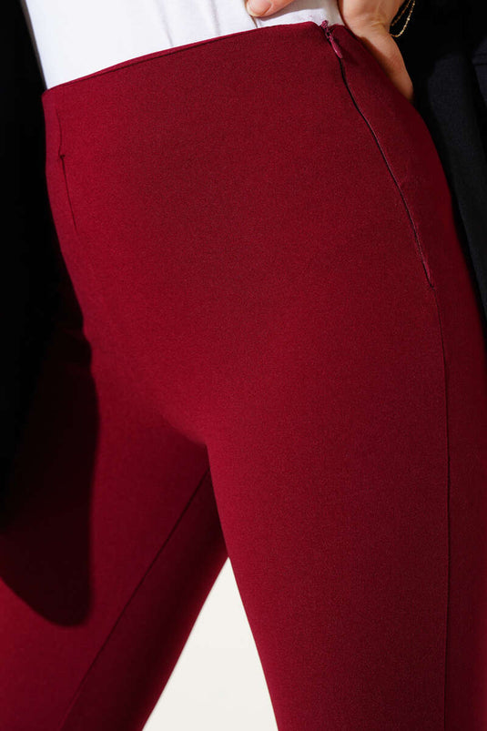 Yandan Fermuarlı İspanyol Paça Bordo Pantolon