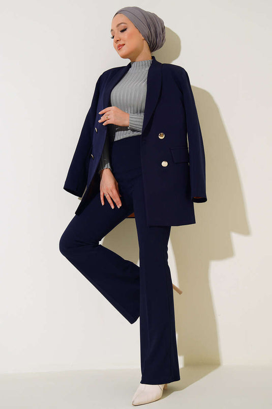 Pantalon bleu marine à jambe évasée et fermeture éclair sur le côté