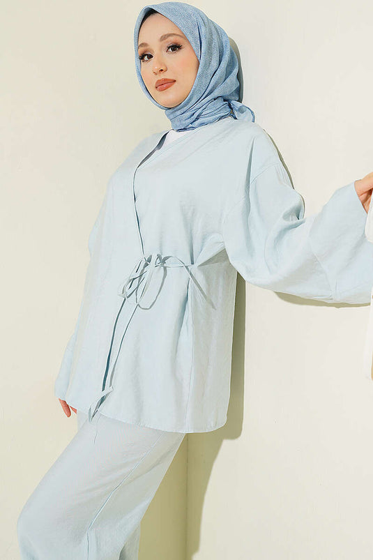 Yandan İp Bağcıklı Kimono İkili Takım Bebe Mavi