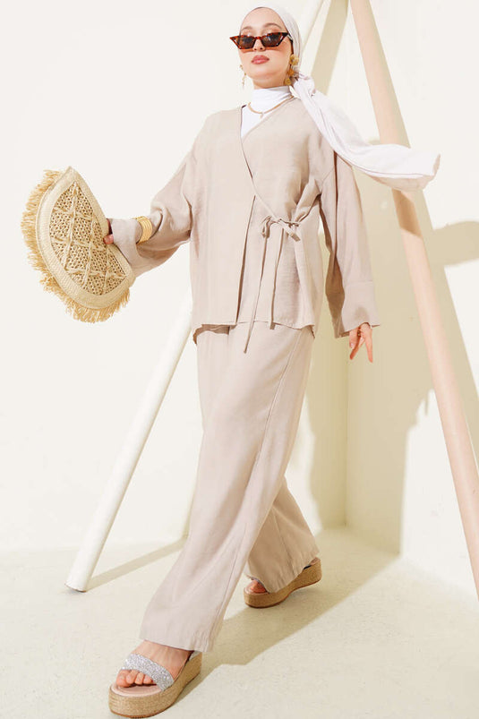 Side Rope Tied Kimono Two Piece Set Beige