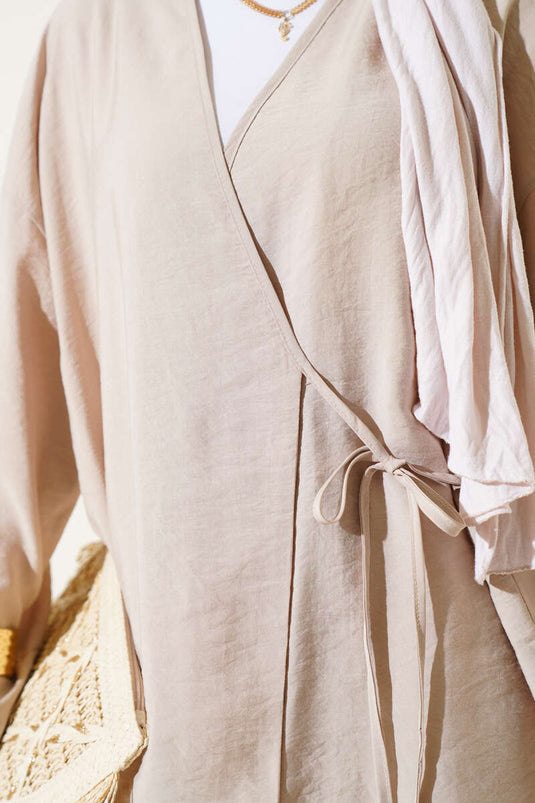 Side Rope Tied Kimono Two Piece Set Beige
