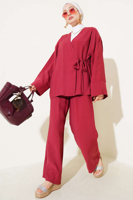 Side Rope Tied Kimono Two Piece Set Claret Red