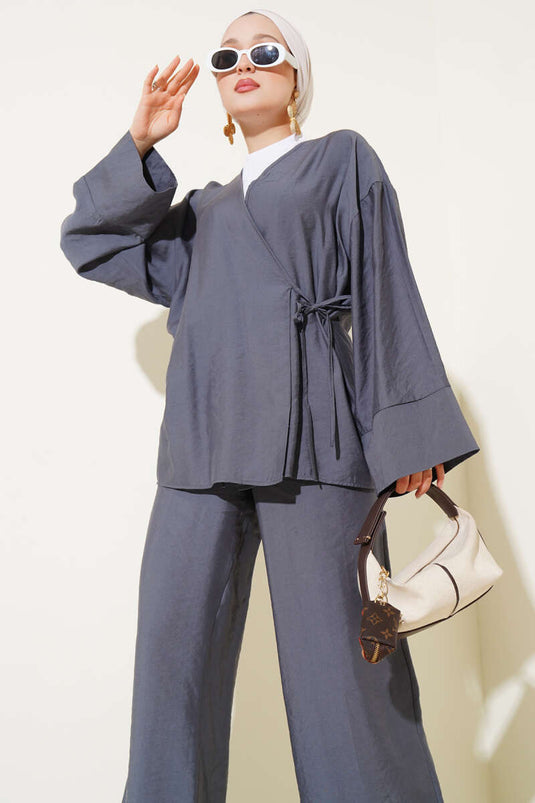 Yandan İp Bağcıklı Kimono İkili Takım Fume