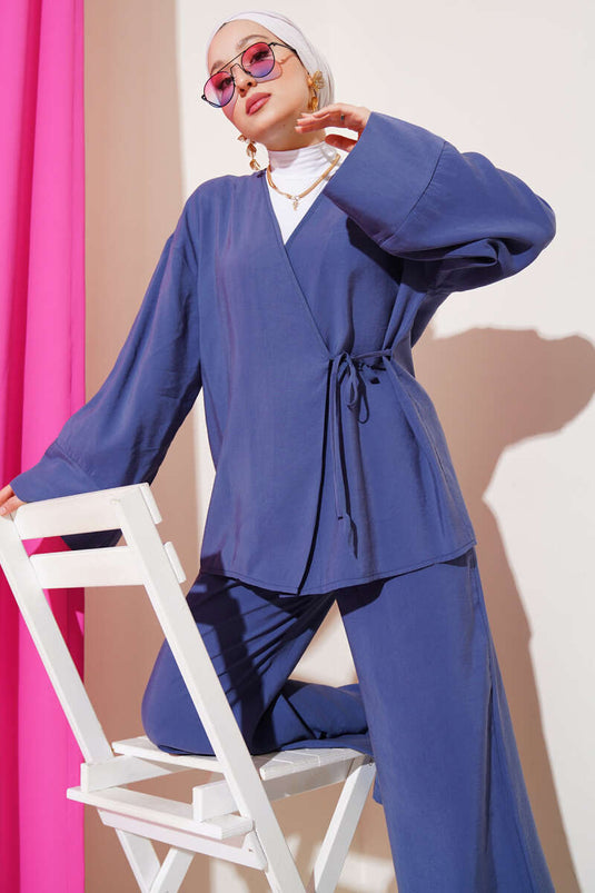 Yandan İp Bağcıklı Kimono İkili Takım İndigo
