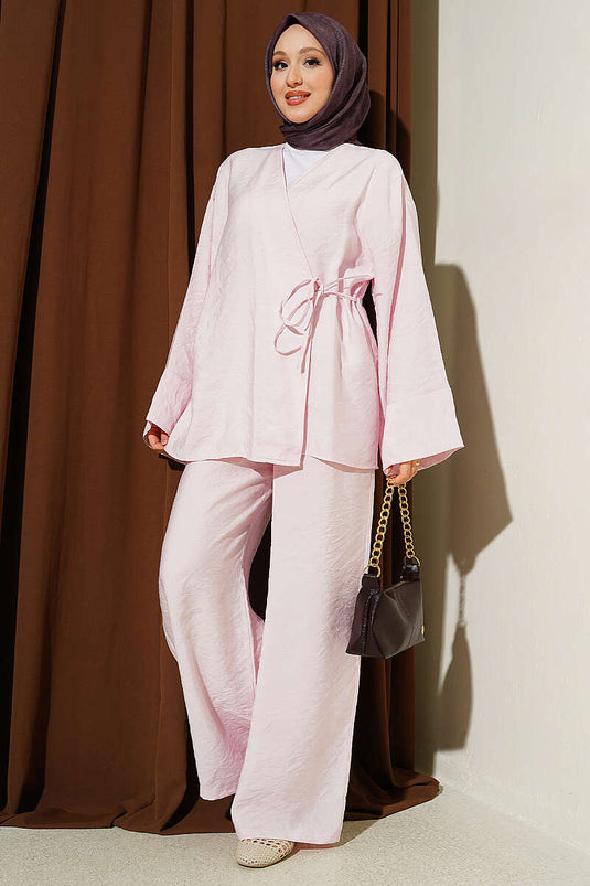 Yandan İp Bağcıklı Kimono İkili Takım Pembe