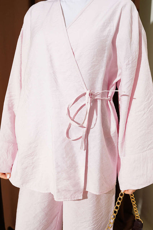 Yandan İp Bağcıklı Kimono İkili Takım Pembe