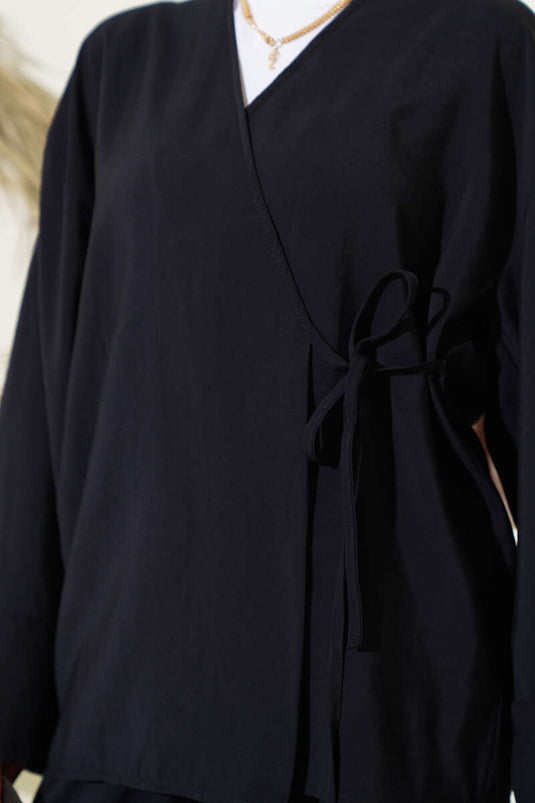 Side Rope Tied Kimono Two Piece Set Black