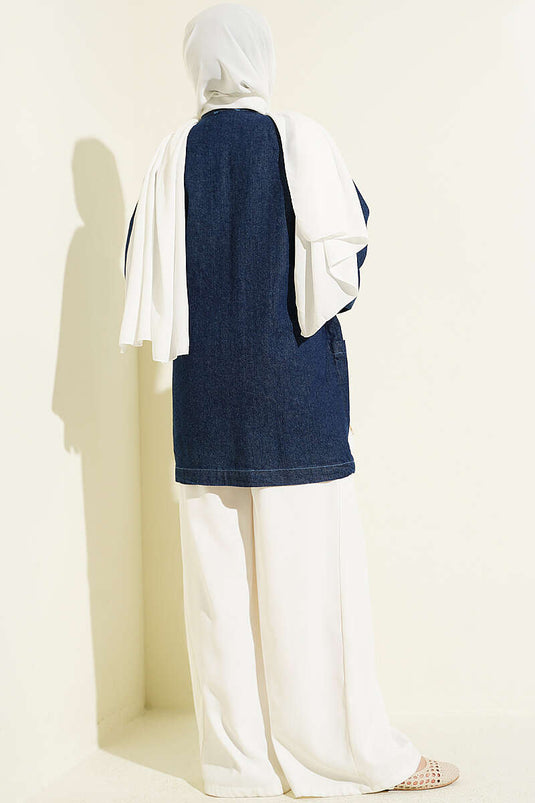 Yandan İp Bağcıklı Kot Kimono Koyu Mavi